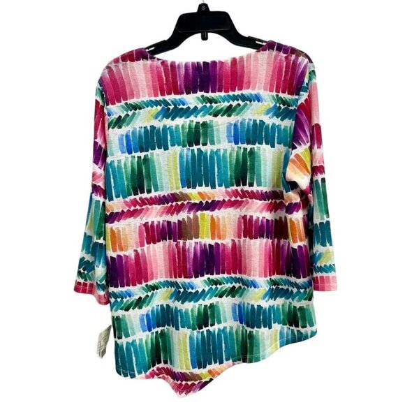 Alfred Dunner Petite PM Colorful Brushstroke Top, 3/4 Sleeve, Asymmetric Hem NWT - Picture 3 of 4
